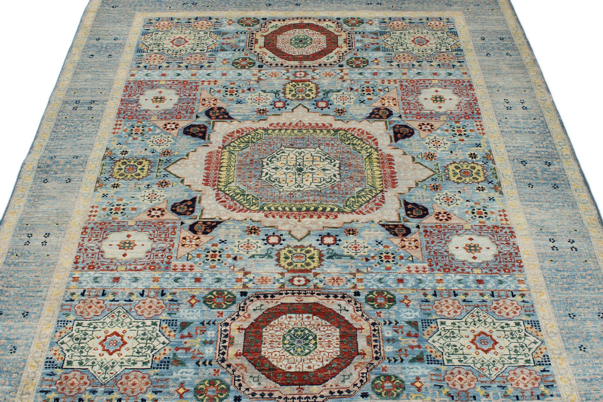 5x6 Light Blue and Multicolor Turkish Tribal Rug