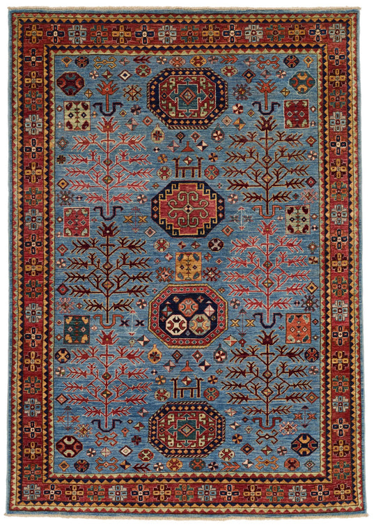 5x7 Blue and Rust Traditional Rug