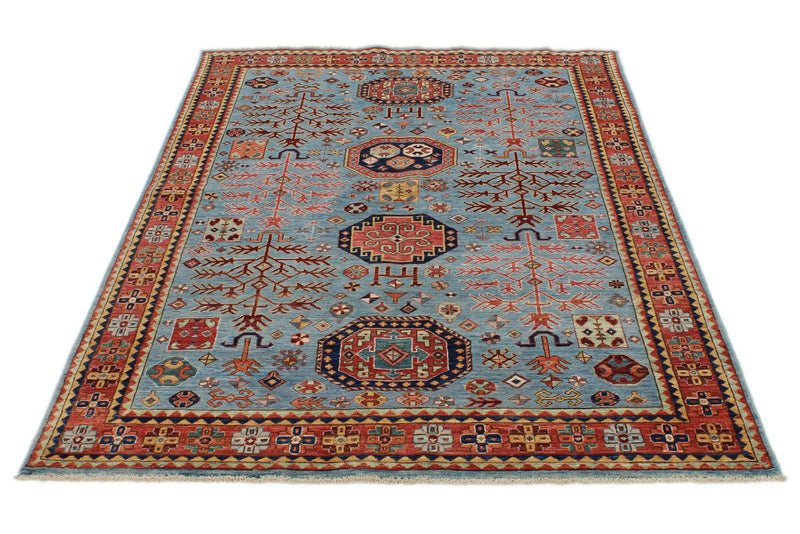 5x7 Blue and Rust Traditional Rug