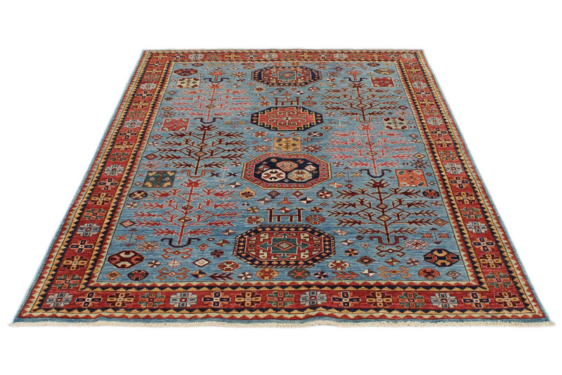 5x7 Blue and Rust Traditional Rug
