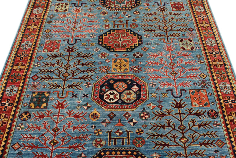 5x7 Blue and Rust Traditional Rug