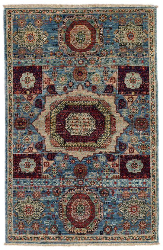 3x5 Light Blue and Ivory Turkish Tribal Rug