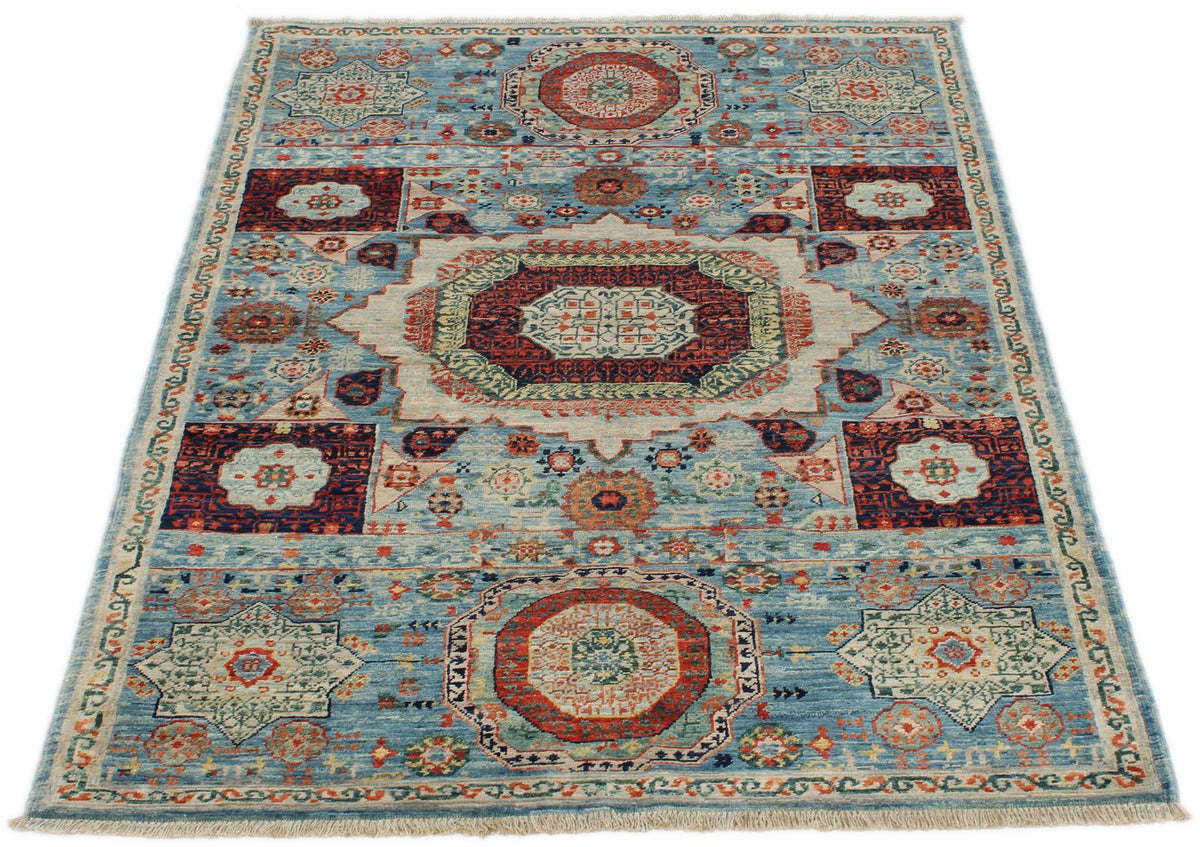 3x5 Light Blue and Ivory Turkish Tribal Rug