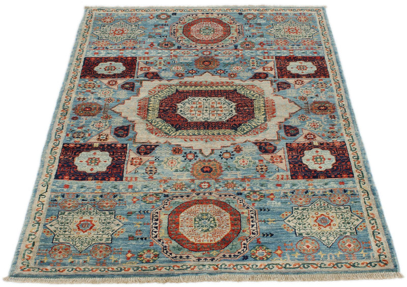 3x5 Light Blue and Ivory Turkish Tribal Rug