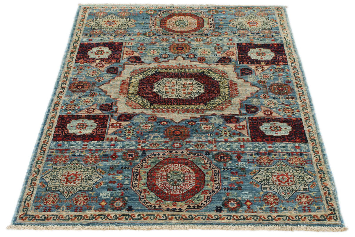 3x5 Light Blue and Ivory Turkish Tribal Rug