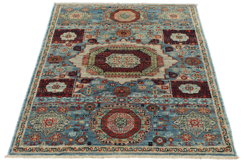 3x5 Light Blue and Ivory Turkish Tribal Rug