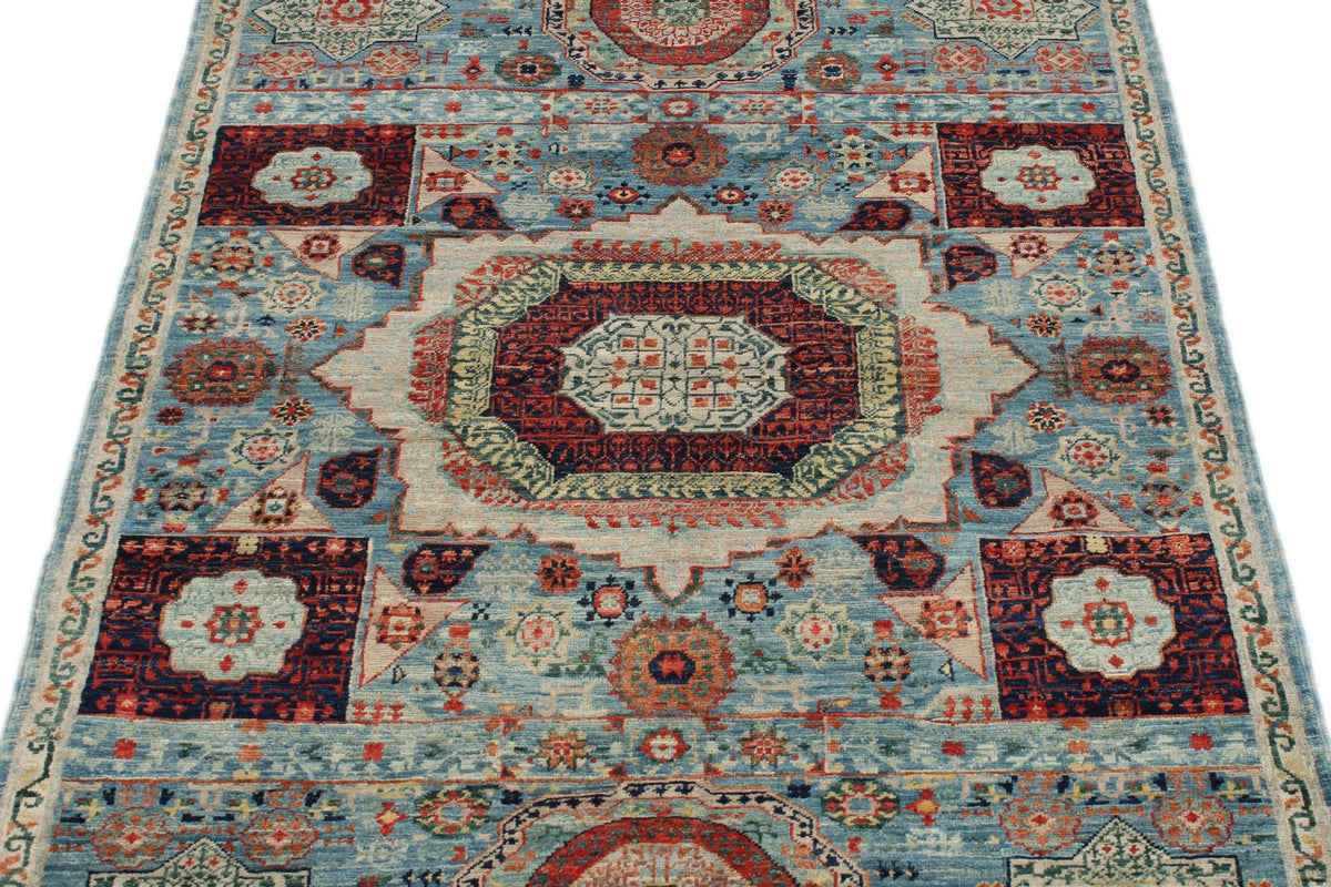 3x5 Light Blue and Ivory Turkish Tribal Rug