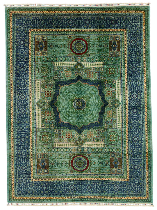 6x8 Light Green and Navy Turkish Tribal Rug
