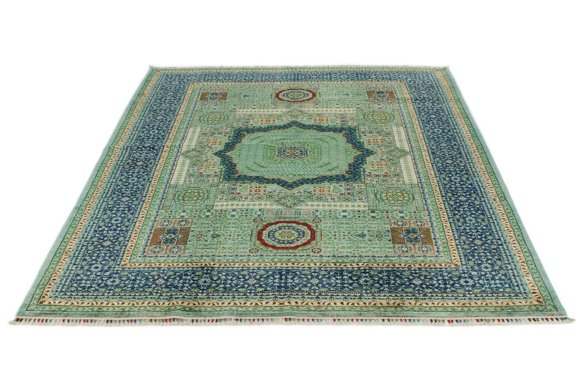 6x8 Light Green and Navy Turkish Tribal Rug