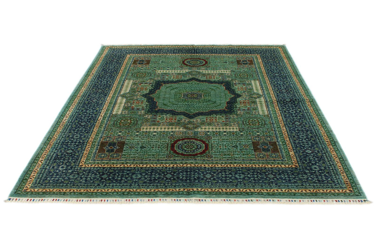 6x8 Light Green and Navy Turkish Tribal Rug