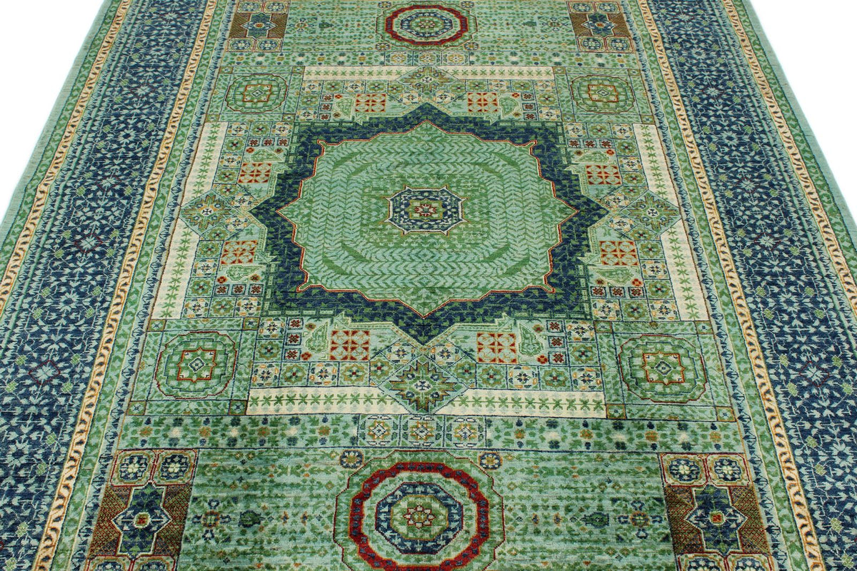 6x8 Light Green and Navy Turkish Tribal Rug