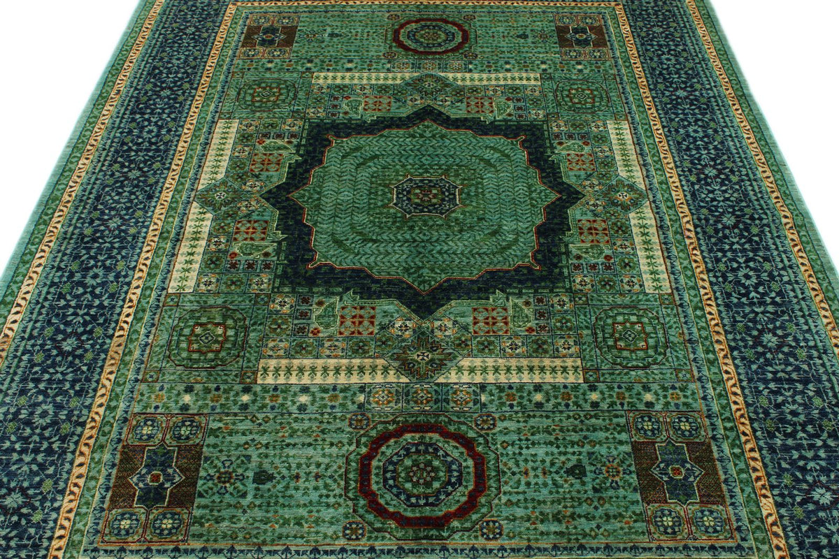 6x8 Light Green and Navy Turkish Tribal Rug