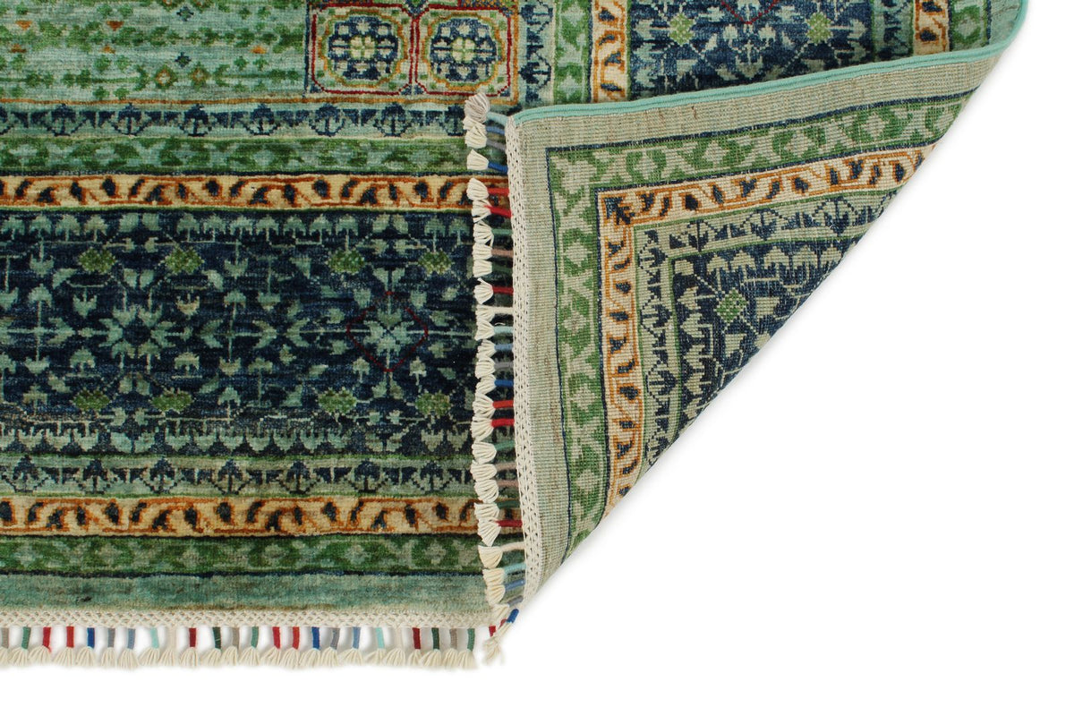 6x8 Light Green and Navy Turkish Tribal Rug
