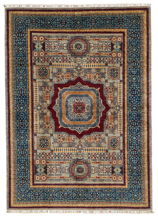 6x8 Light Gray and Navy Turkish Tribal Rug