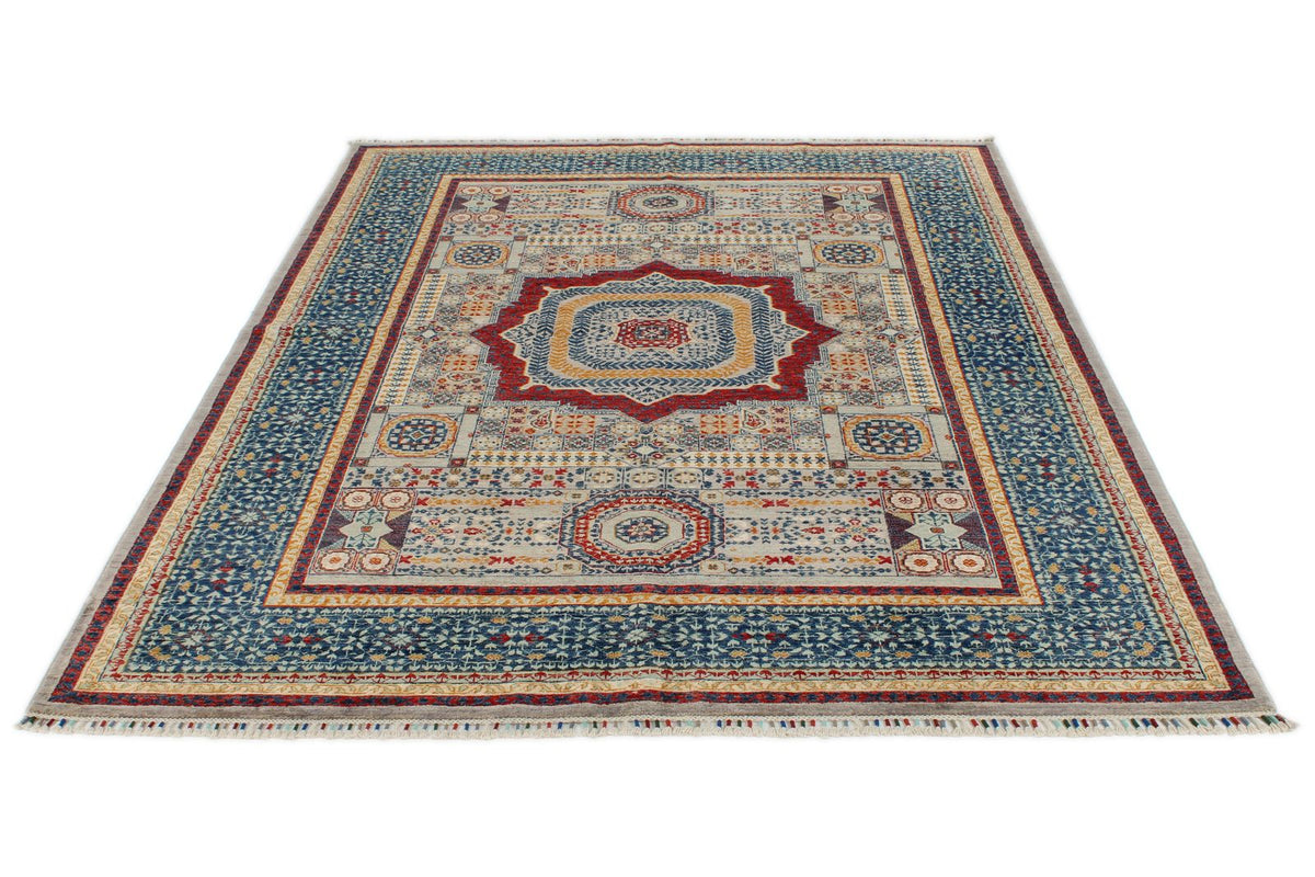 6x8 Light Gray and Navy Turkish Tribal Rug