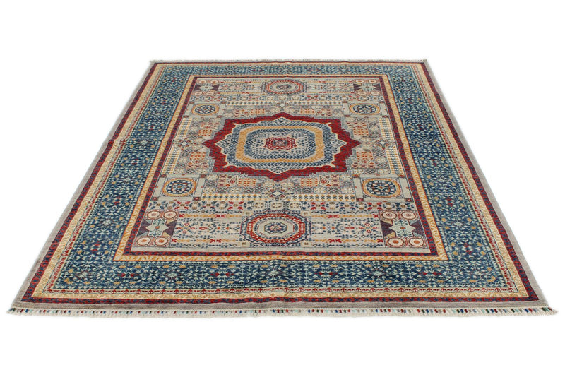 6x8 Light Gray and Navy Turkish Tribal Rug