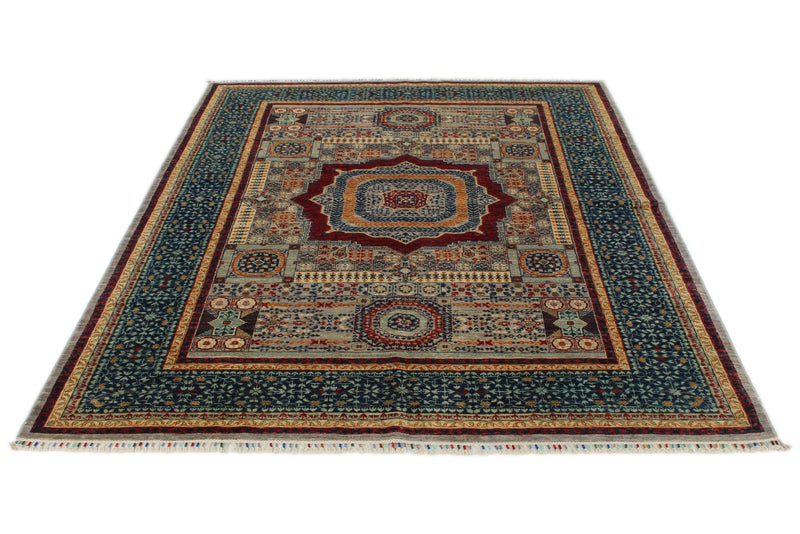 6x8 Light Gray and Navy Turkish Tribal Rug