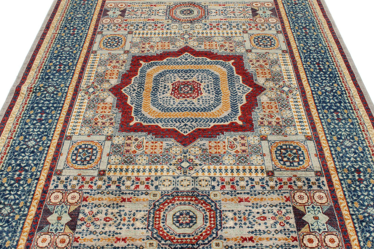 6x8 Light Gray and Navy Turkish Tribal Rug
