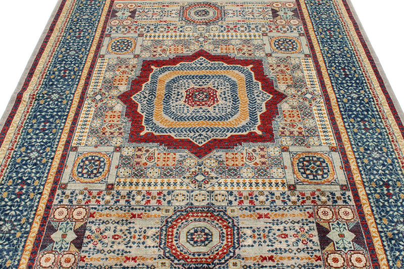 6x8 Light Gray and Navy Turkish Tribal Rug