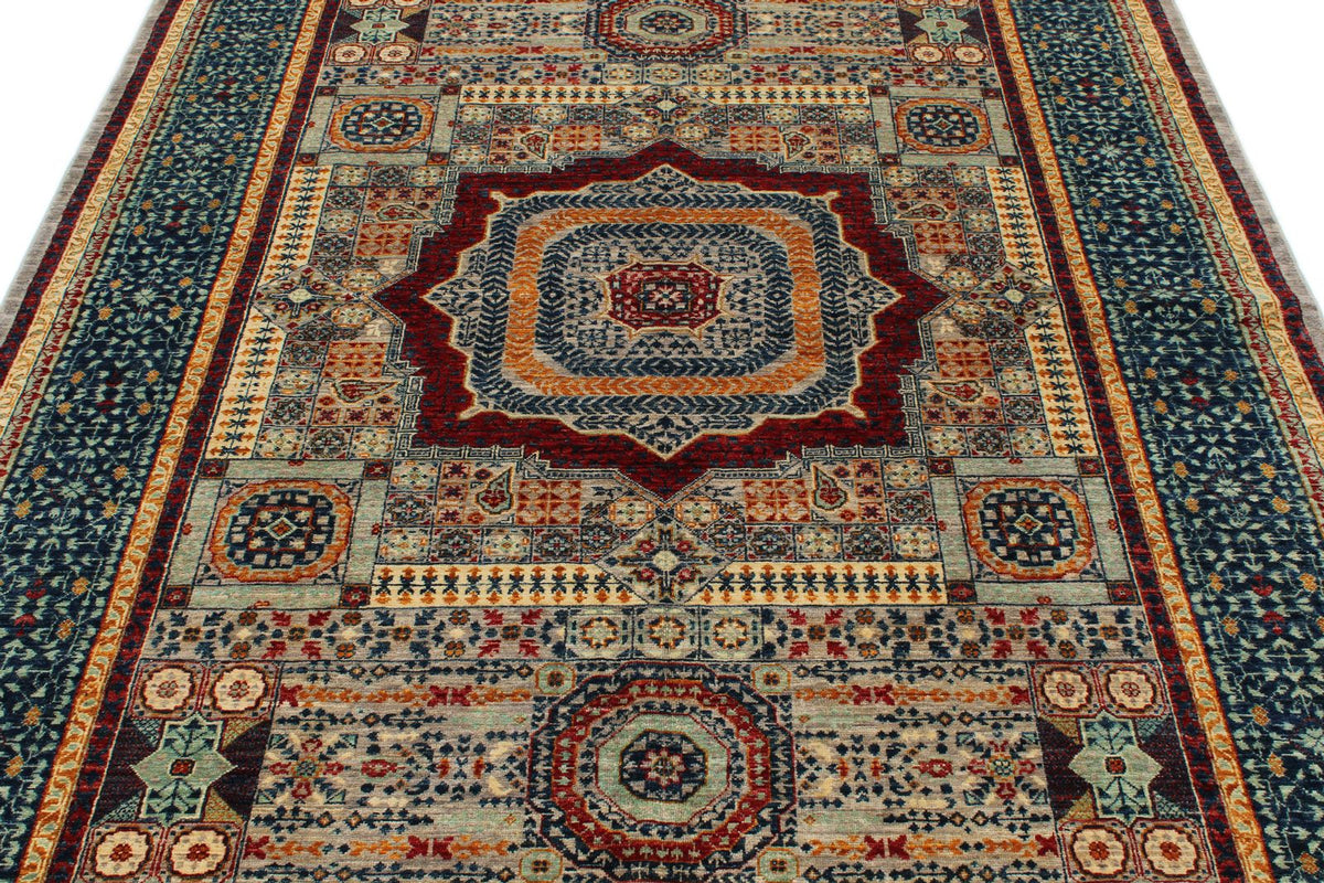 6x8 Light Gray and Navy Turkish Tribal Rug