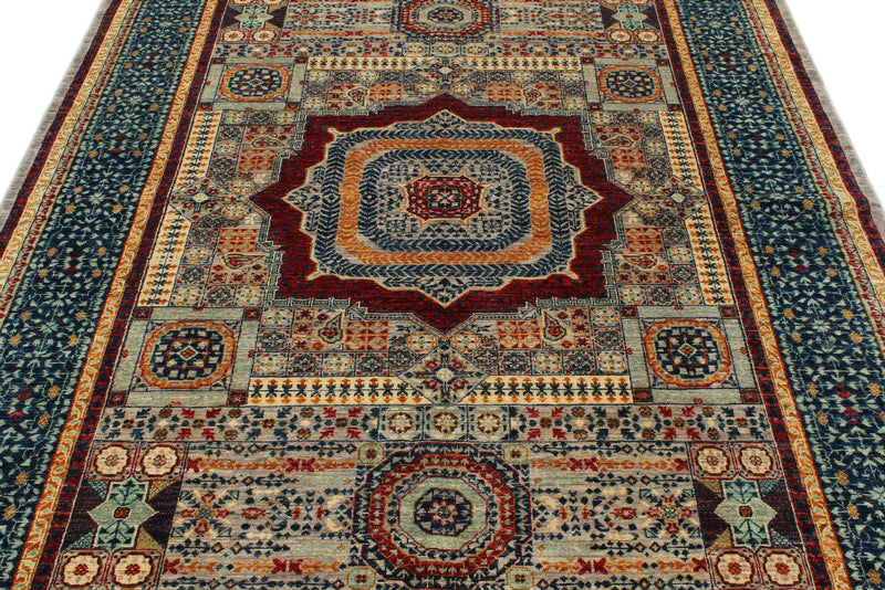 6x8 Light Gray and Navy Turkish Tribal Rug