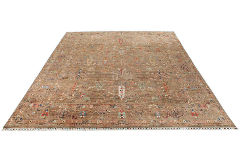 9x12 Brown and Multicolor Turkish Tribal Rug