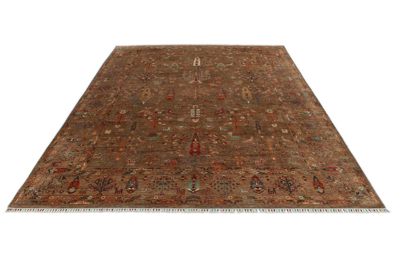 9x12 Brown and Multicolor Turkish Tribal Rug