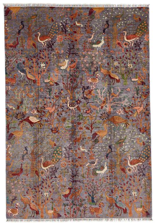 6x9 Light Gray and Multicolor Turkish Tribal Rug