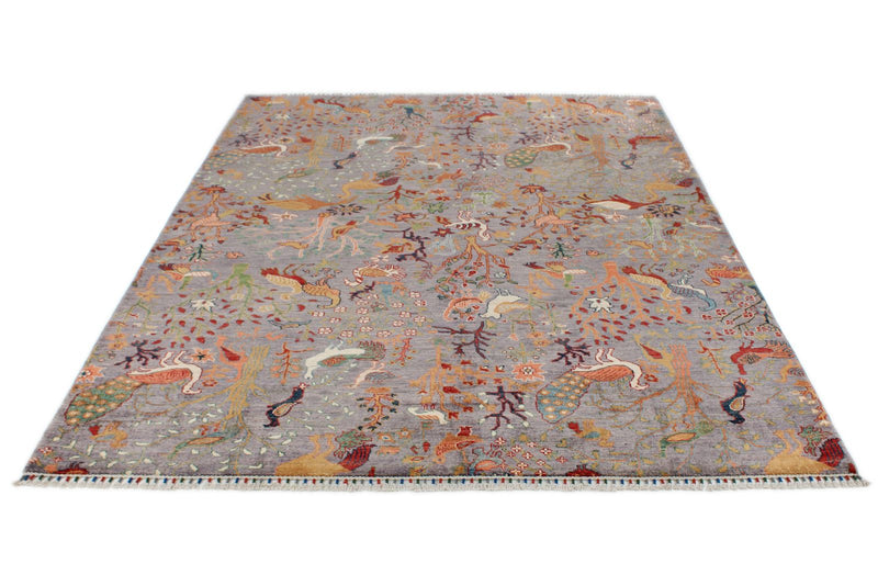 6x9 Light Gray and Multicolor Turkish Tribal Rug