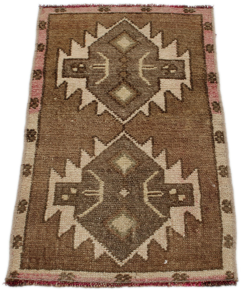 1x3 Brown and Beige Turkish Tribal Rug