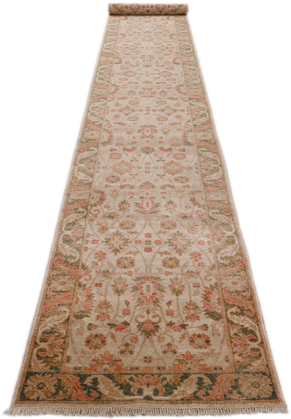 3x18 Ivory and Light Olive Green Anatolian Traditional Runner