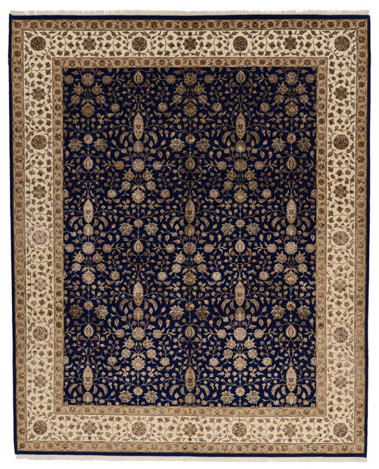 8x10 Navy and Ivory Turkish Silk Rug