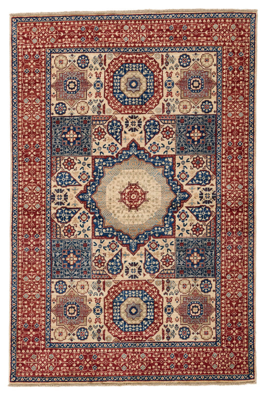 4x6 Ivory and Red Turkish Tribal Rug