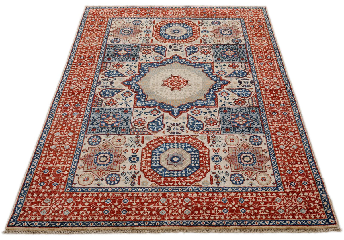 4x6 Ivory and Red Turkish Tribal Rug