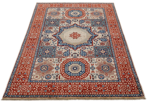 4x6 Ivory and Red Turkish Tribal Rug