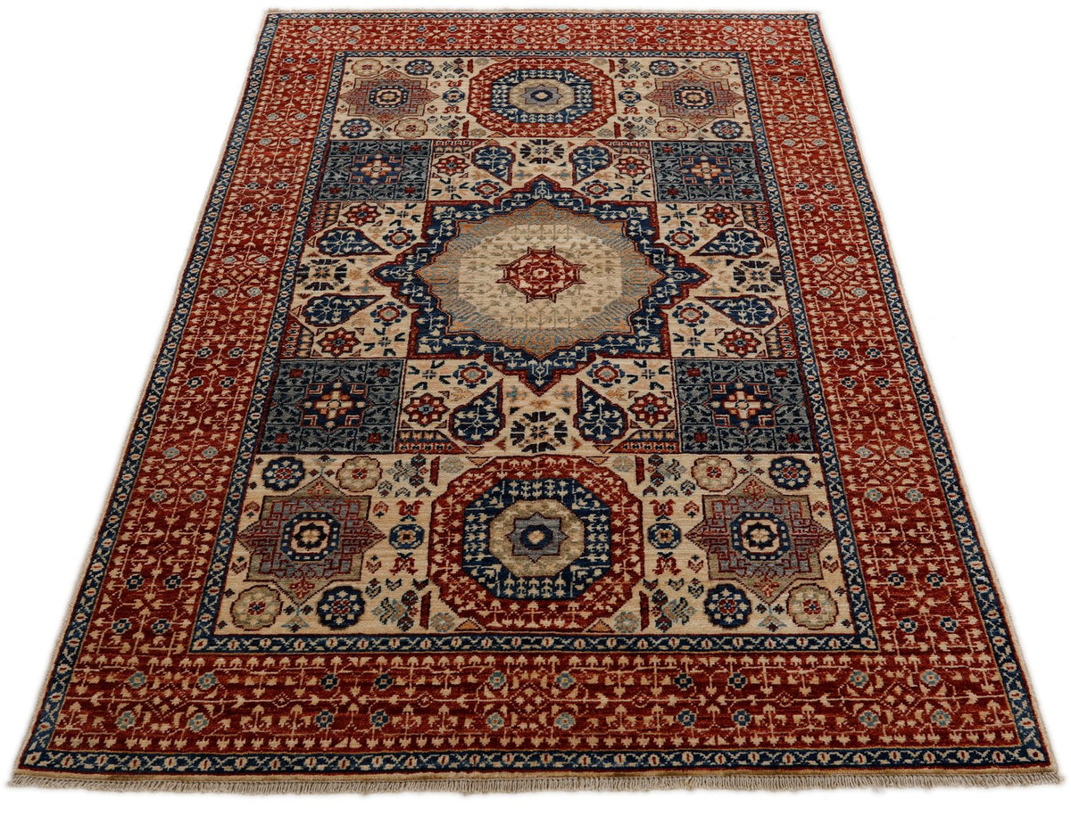 4x6 Ivory and Red Turkish Tribal Rug