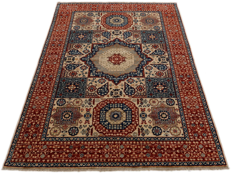 4x6 Ivory and Red Turkish Tribal Rug