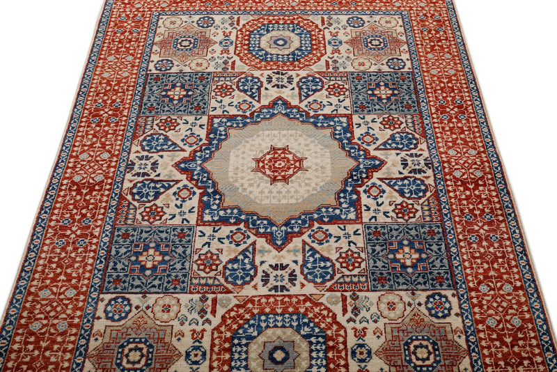 4x6 Ivory and Red Turkish Tribal Rug