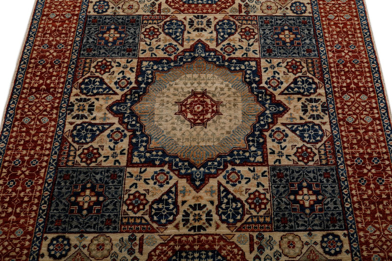 4x6 Ivory and Red Turkish Tribal Rug