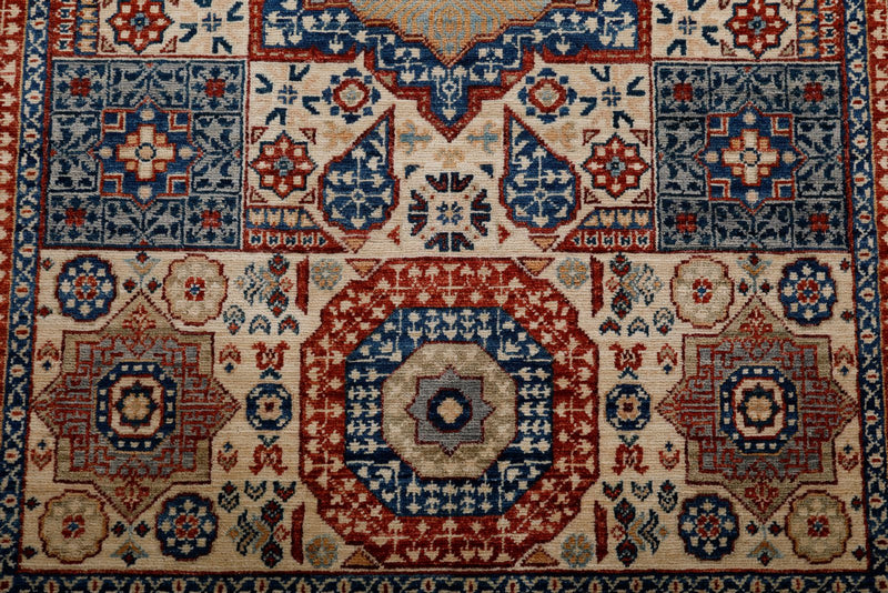 4x6 Ivory and Red Turkish Tribal Rug