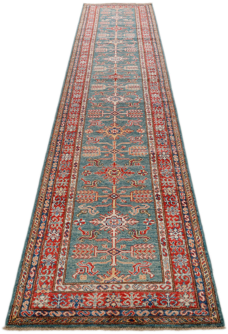 3x13 Green and Red Kazak Tribal Runner