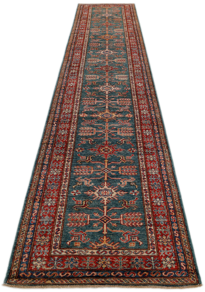 3x13 Green and Red Kazak Tribal Runner