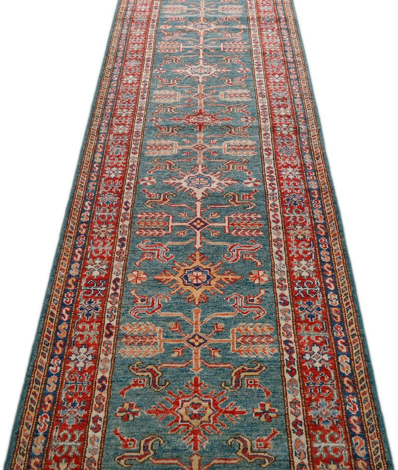 3x13 Green and Red Kazak Tribal Runner