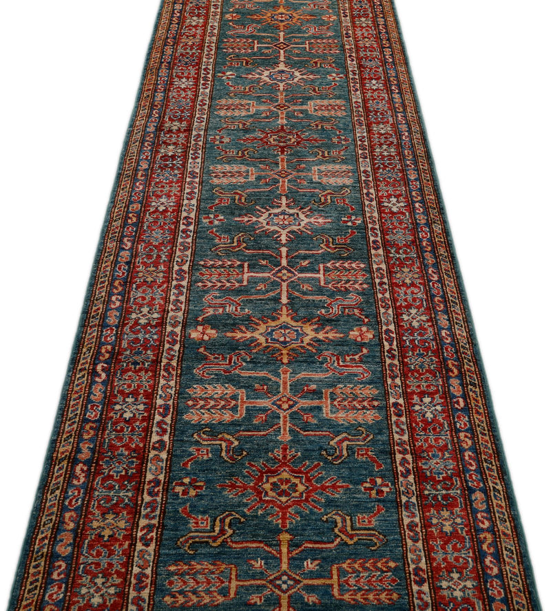 3x13 Green and Red Kazak Tribal Runner