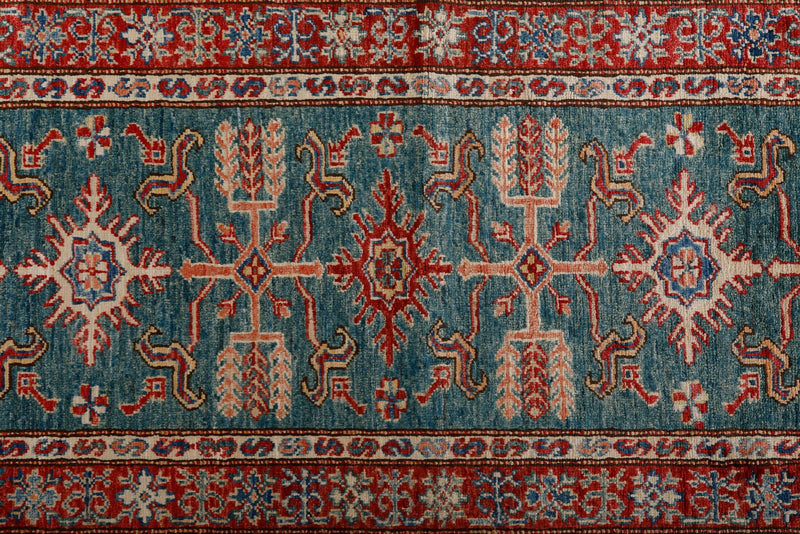 3x13 Green and Red Kazak Tribal Runner
