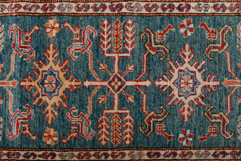 3x13 Green and Red Kazak Tribal Runner
