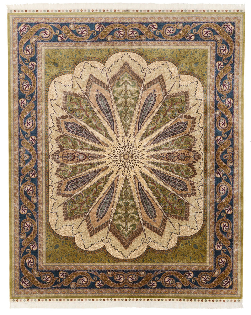 8x10 Light Green and Navy Turkish Silk Rug