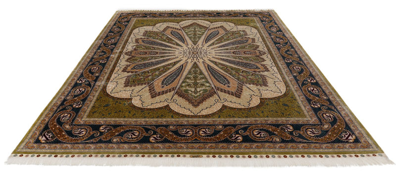 8x10 Light Green and Navy Turkish Silk Rug