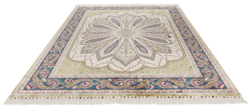 8x10 Light Green and Navy Turkish Silk Rug