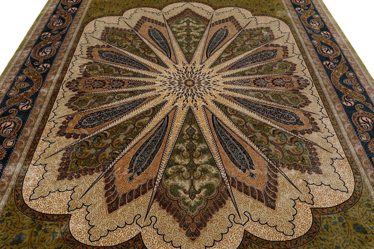 8x10 Light Green and Navy Turkish Silk Rug